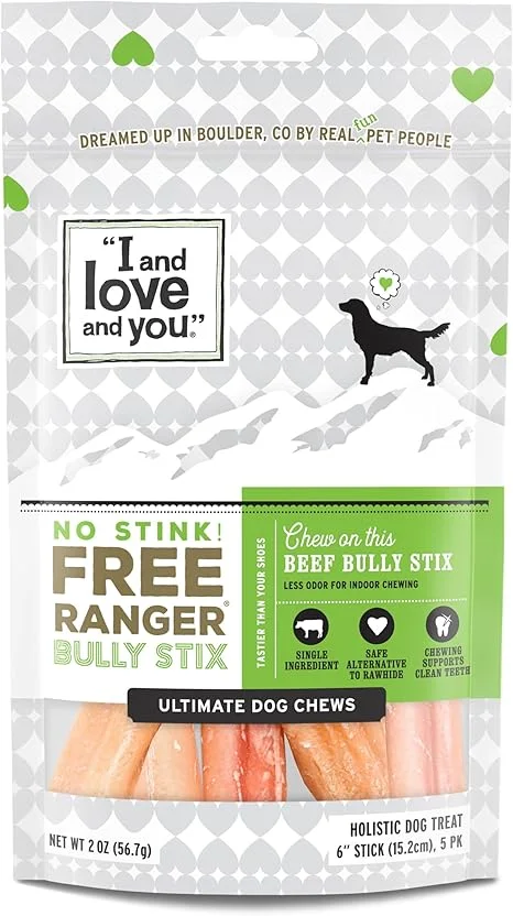 I and love and you Free Ranger No Stink! Natural Grain Free Bully Stix - Low Odor, 100% Beef Pizzle, 6-Inch, Pack of 5