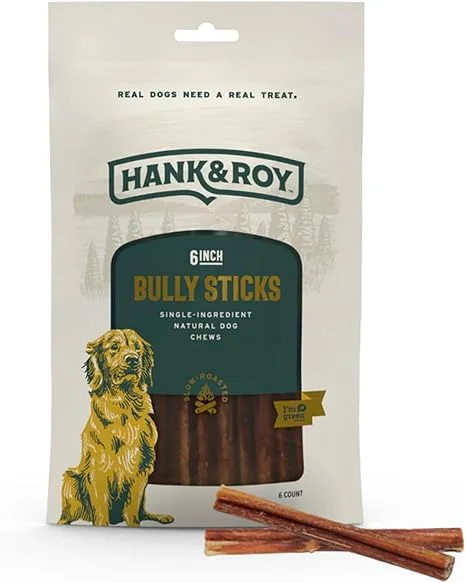 Hank & Roy All-Natural, Single-Ingredient Dog Bully Sticks, Long Lasting, Easily Digestible Dog Chews, Antibiotic and Hormone Free 6” Beef Pizzle Sticks for Dogs, Pack of 6